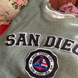 Oversized Sage Green 'San Diego' Patch Crewneck Sweater